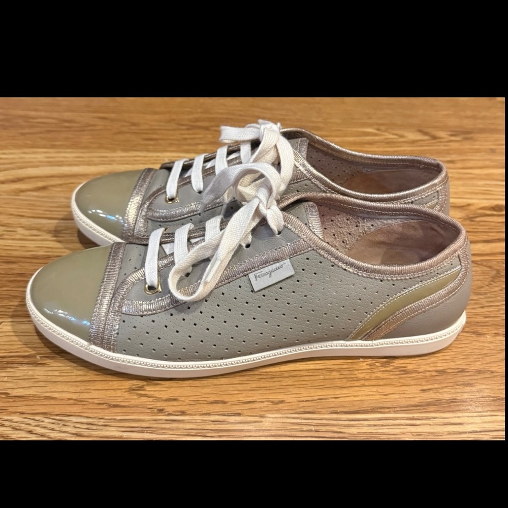 Salvatore Ferragamo Green Leather Sneakers Gold Trim Size US 7